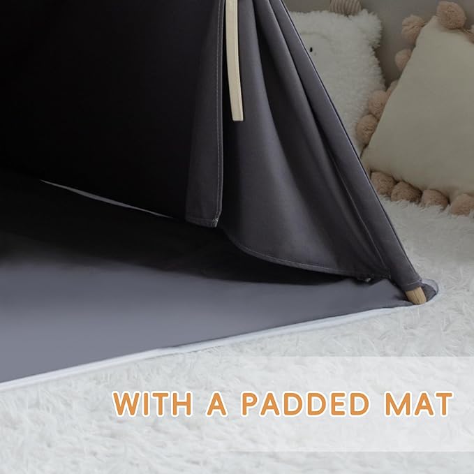 RONGFA Teepee Tent for Kids, 100% Cotton Play Tent with Mat, Kids Teepee Tent with Colored Flag, Quality Portable Play Tent with Carry Bag for Girls and Boys Indoor Outdoor (Beige Gray with Mat)