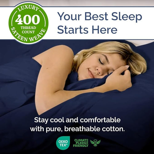 400 Thread Count Cotton Sheet Set - Full Size 100% Cotton Sheets - Easily Fits 8" to 16" Mattress - Silky-Soft, Wrinkle Free, Breathable & Comfy - Deep Pockets & Hotel Quality Bedding Set - Navy Blue