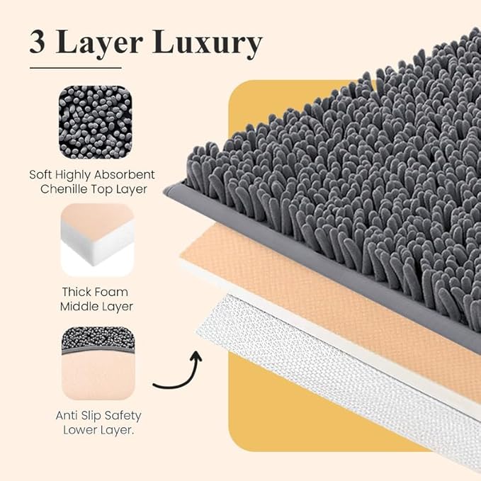 MAYSHINE Plush Shaggy Chenille Bath Mat | Extra Soft, Super Absorbent, Non-Slip Bathroom Rug | Fluffy Microfiber, Area Rug Sets for Bathroom Floor, Kitchen, Living Room | 32"x20" | Charcoal Gray
