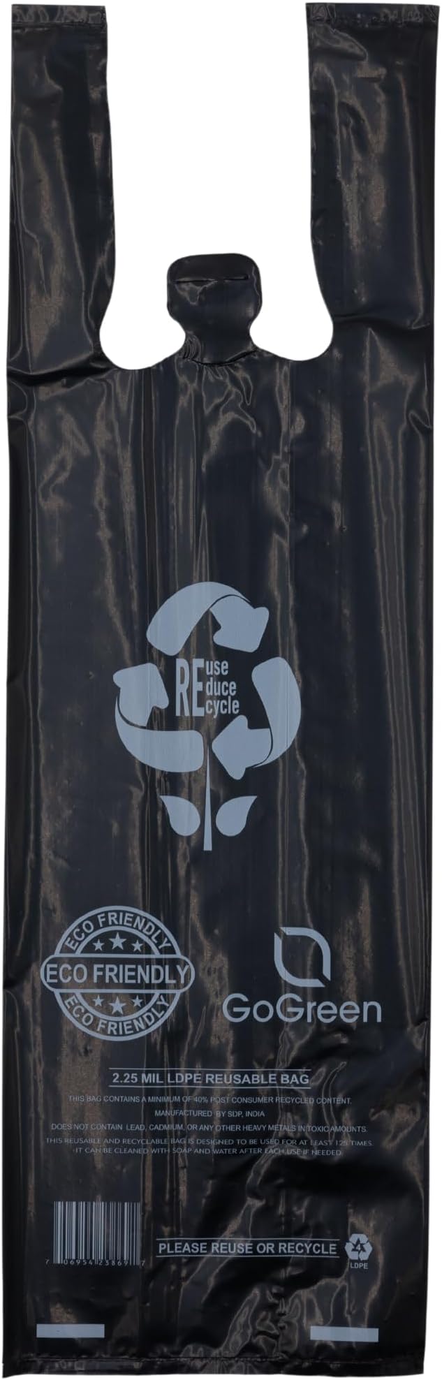 ASSUREPAK Black Reusable/Eco-Friendly LDPE T-Shirt - Single Bottle Bag 6"X4"X20" - 400 Bags - 57 Micron (2.25 mil) - Black - BLKLD40REC225REUSE6420