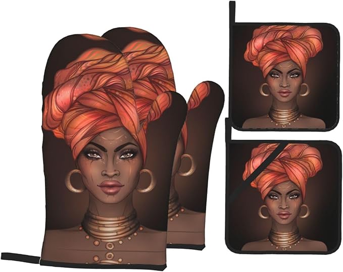African Woman Oven Mitts and Pot Holders 4 Pcs Set Afro Black Girl Oven Gloves and Potholders for Cooking Microwave BBQ Baking Grilling