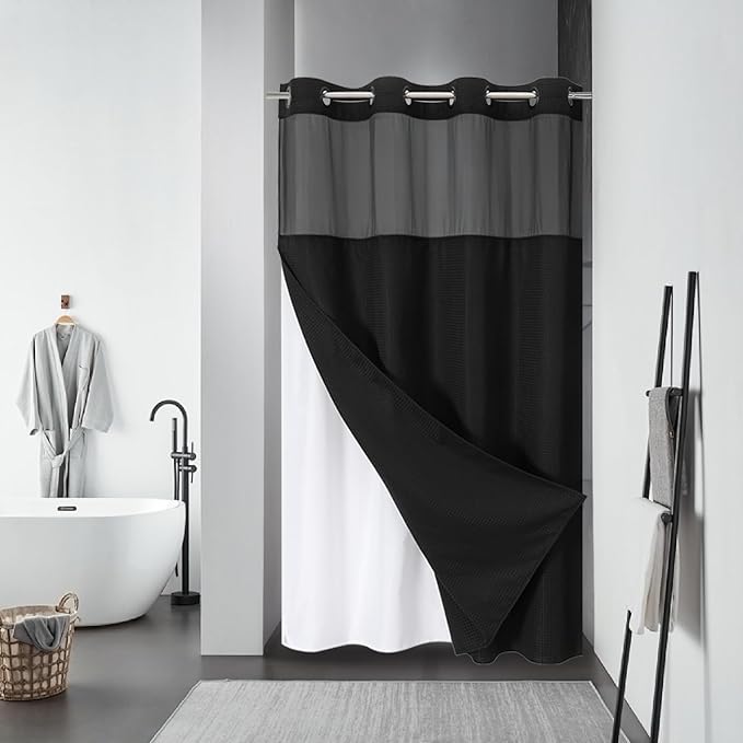 eachope Stall Black No Hook Waffle Weave Shower Curtain with snap-in Liner Replacement, 230GSM Waterproof Fabric Hotel Shower Curtain Set for Bathroom, Through Mesh Top Window,54Wx80H
