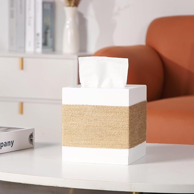 CATORY Tissue Box Cover, Wood Tissue Box Cover Square, Farmhouse Tissue Box Holder Covers Your Tissues, Decorative Tissue Cube Box Cover with Slide-Out Bottom (White)