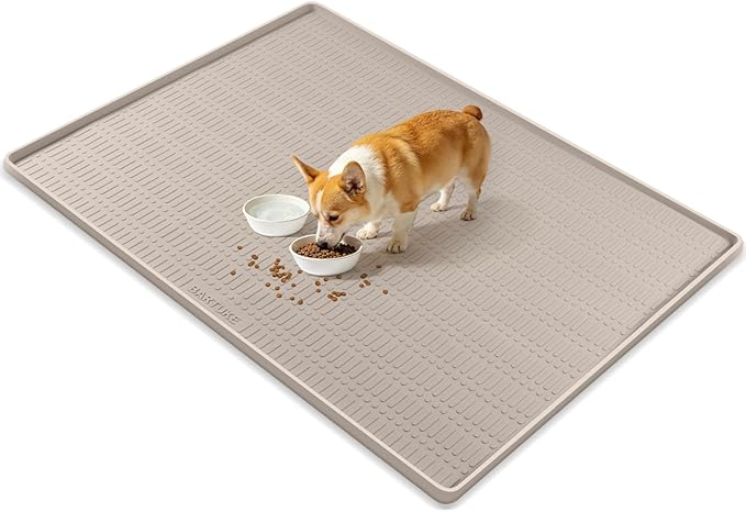 47" x 35" Silicone Dog Food Mat, Waterproof Pet Feeding Mat with Raised Edge, Extra Large Dog Bowl Mat Non-Slip Water Bowl Placemats for Dogs, Protects Floors, Easy to Clean (Beige)