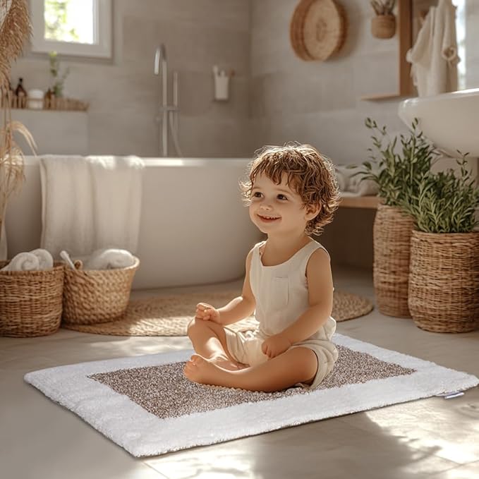 Naturally Yours Home Bath Mat, 100% Cotton, Reversible Rug, Minimalist Japandi Bathroom Decor, 20 x 31.5 inches, Neutral Tan & White Colors