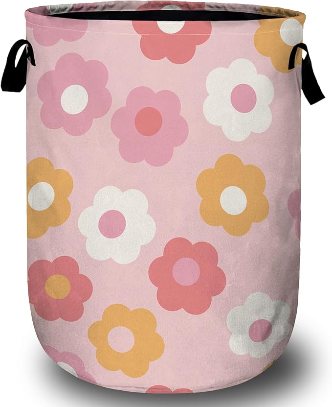 Retro Pink Flower Laundry Basket, Laundry Hamper Collapsible Oxford Cloth with Handle Clothes Toy Storage Bin for Bathroom Laundry Room Bedroom 15.7 X 20 Inch