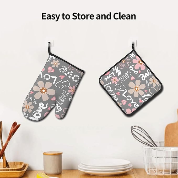Pink Floral Blooming Oven Mitts and Pot Holders Set of 2, Heat Resistant Non Slip Love Heart Grey Kitchen Gloves Hot Pads, for Chef Cooking Grilling and Baking