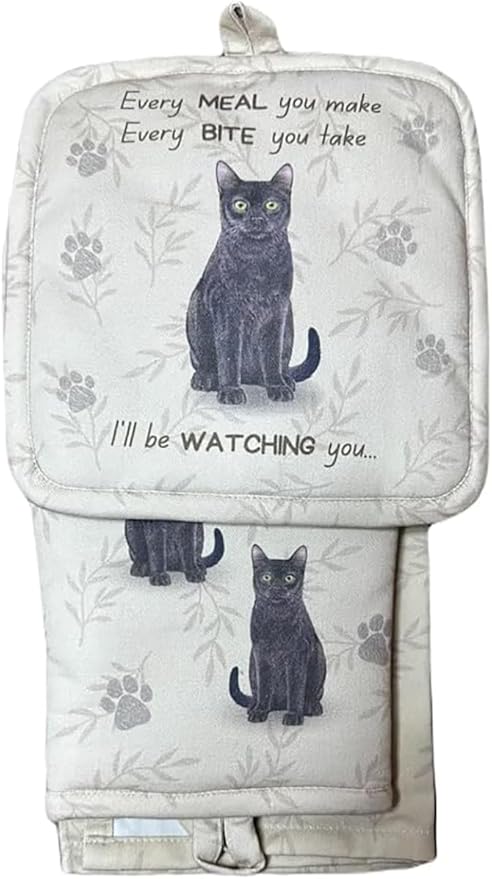 Black Cat 3-Piece Kitchen Set - Oven Mitt, Pot Holder & Kitchen Towel Set, Heat Resistant up to 420 F, Soft Quilted Cotton for Cooking, Baking, BBQ, Pet Lover Gifts (Black Cat)