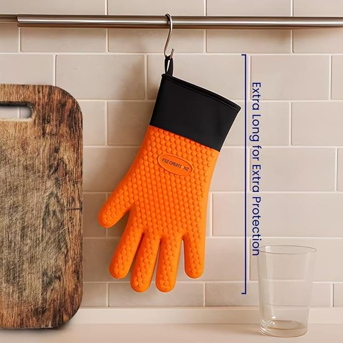 Orange Heat Resistant Oven Gloves, Silicone Kitchen Mitts, Non-Slip Pot Holder Gloves, 1 Size Fits All, Water Proof Men & Women Kitchen Glove for Cooking,Baking,BBQ, Single Glove