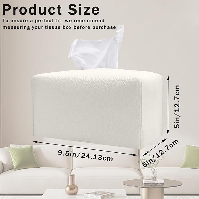 Hapforever 1PC Extra Large Rectangle Tissue Box Cover, PU Leather Rectangular Tissue Box Holder with Bottom Belt Plus Size Tissue Box Organizer for Bathroom/Car/Hotel/Office (9.5’’x5’’x5’’, White)