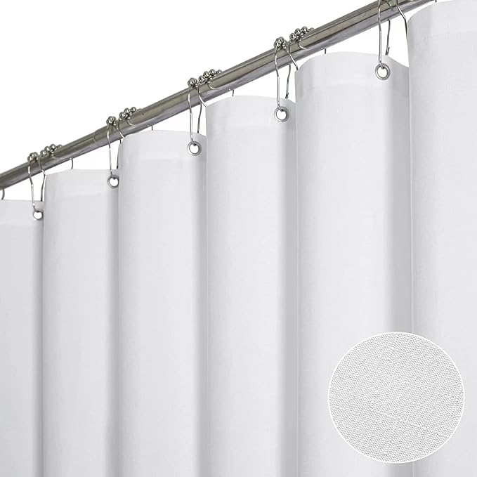 BTTN Fabric Shower Curtain, Linen Textured Heavy Duty Polyester Cloth Shower Curtain Set with Plastic Hooks, White, 84" W x 72" L (Pack of 1)