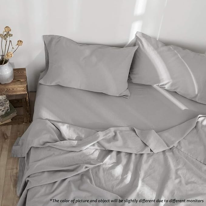 Simple&Opulence Belgian Linen Sheet Set Solid Color - 4 Pieces (1 Flat Sheet, 1 Fitted Sheet & 2 Pillowcases) Natural Flax Cotton Blend Soft Breathable Farmhouse Bedding - Queen Size, Grey