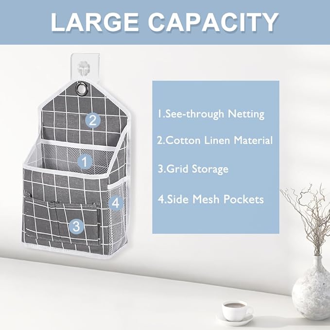TIE-DailyNec 2PC Wall Hanging Storage Bag Linen Hanging Closet Organizer with Pockets Over The Door Hanging Basket Caddy and 2 Hanging Hook for Bedroom Bathroom Office Kitchen Dorm Room (Grey+Beige)