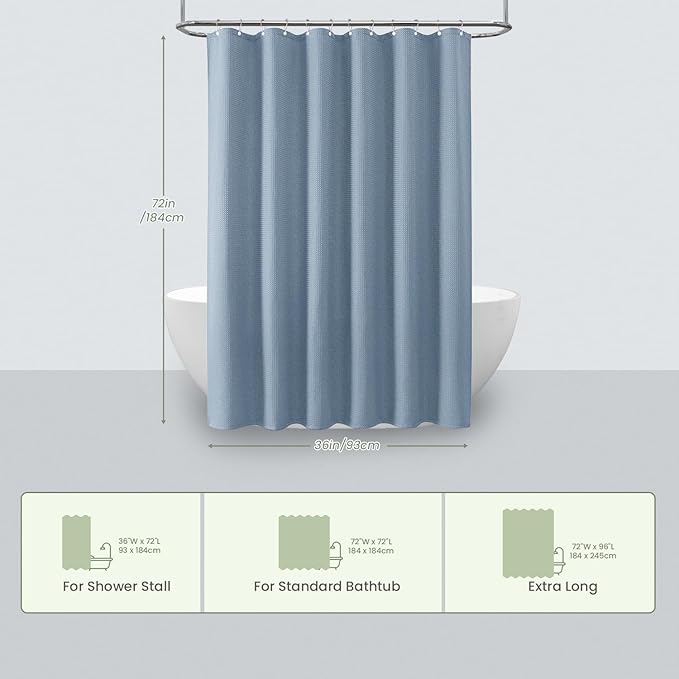 Inhousolu Fabric Shower Curtain Waffle Weave, Fog Blue 230 GSM Heavy Duty, Weighted Hem, 8 Metal Hooks, Water Repellent, Machine Washable, Hotel Spa Luxury Bath Curtain Set, 36 x 72 Inch