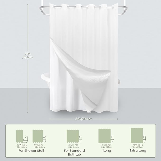 Inhousolu No Hook Waffle Weave Shower Curtain with Removable Snap in Fabric Liner Set for Bathroom, 230 GSM Heavy Duty Weighted Hem, Water Repellent Washable Bath Curtains, 60 x 72 Inch, White