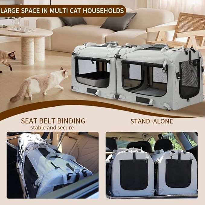 Petseek Extra Large Cat Carrier Soft Sided, Portable Small Dog Carrier for 2 Cats, 24"x16.5"x16" Car Travel Folding Comfortable Design with Litter Box and Bowls, Grey-2+ Litter Box+ Bowl*2