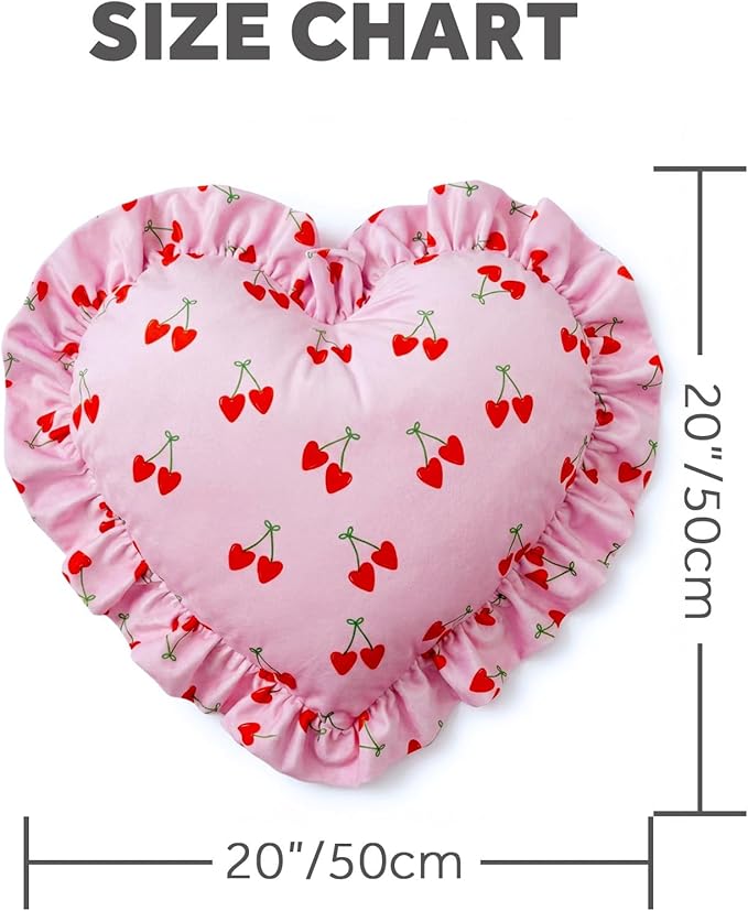 VigorSpring Valentines Pink Heart Shaped Pillow (15.7x15.7 Inches), Cute Cherry Print & Ruffled Edge Decorative Throw Pillow for Couch Bed Bedroom Living Room