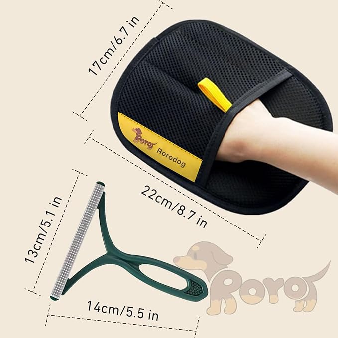Rorodog 3-Pack Magic Brush Pet Hair Removal Gloves with A Hair/Lint Removal Tool – Remove Cat/Dog Fur from Clothing, Furniture, Car Seats, Bedding & Carpet