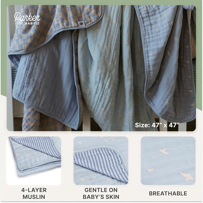 Parker Baby Muslin Blanket | 100% Soft Cotton Toddler Quilt & Baby Muslin Swaddle | Gender Neutral Design 47" x 47" Blanket