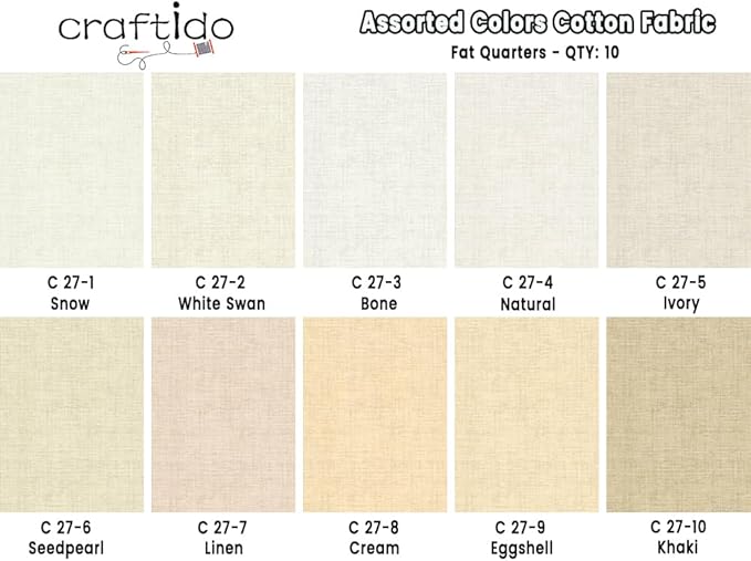 Craftido - 11 Options Solids with Tweed Tonals - Assorted Color Cotton Quilting Fabric Bundles 10pcs Fat Quarters 18"x21" - Medium Weight 5.2oz - for Quilting, Sewing and Crafts - Not Quite White