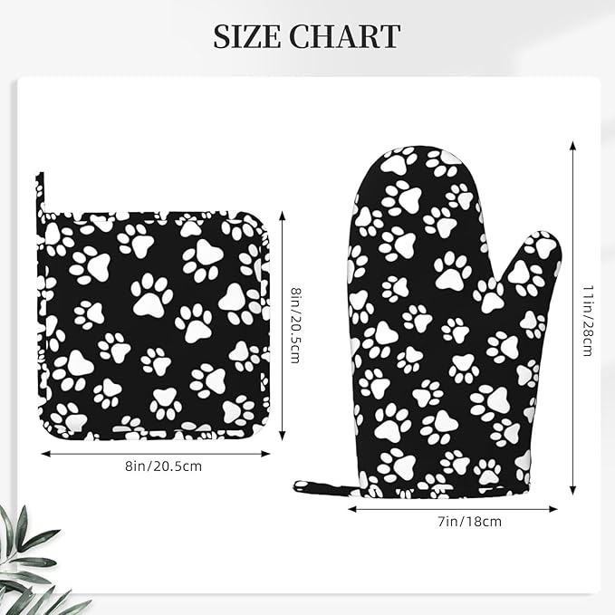 Dog Paw Oven Mitts Pot Holders Set Silicone Cat Footprint Dog Paw Prints Black White Kitchen Oven Mitts Heat Resistant Potholders Non-Slip 4pcs Hot Pads and Oven Gloves Sets for Baking