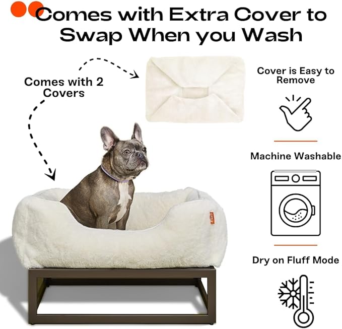 FUZI Elevated Dog Bed Small with Extra Cover, Luxury Raised Dog Beds, Removable and Machine Washable Bed Cover, Indoor/Outdoor Orthopedic Pet Bed, Small 25.1x16.75x18 Soft White & Dark Brown Base