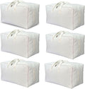 DoYiKe Soft Canvas Clothes Storage Bags with Four Carrying Handles and Clear Window, Closet Organizer for Clothing, Blankets Sheets Pillows and Bedding, 55L, 6 Pack, White