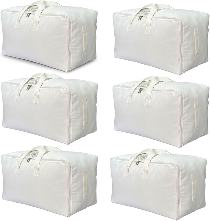 DoYiKe Soft Canvas Clothes Storage Bags with Four Carrying Handles and Clear Window, Closet Organizer for Clothing, Blankets Sheets Pillows and Bedding, 55L, 6 Pack, White