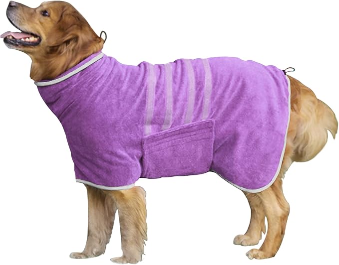 HhiMyOct Dog Robe - Fast Drying Towel - Microfiber Super Absorbent Pet Bathrobe, Adjustable Collar & Belly Strap (Purple, Large)