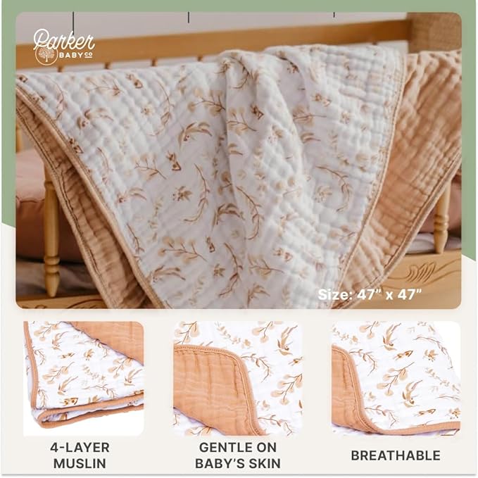Parker Baby Muslin Blanket | 100% Soft Cotton Toddler Quilt & Baby Muslin Swaddle | Gender Neutral Design 47" x 47" Blanket