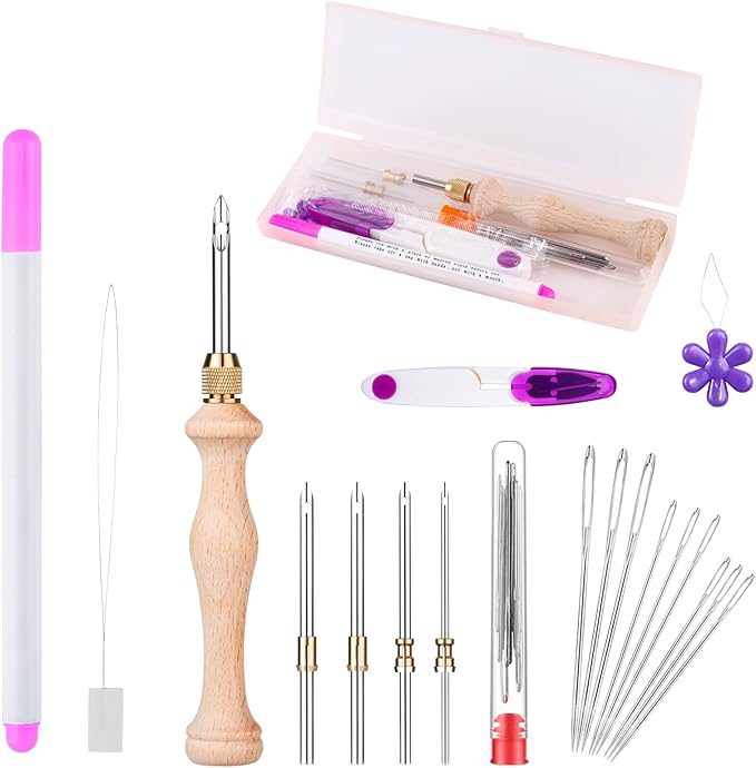 Punch Needle Kit Includes 1.6mm-2mm-2.5mm-3.5mm-5mm Needle,5 Size Metal Needles,Punch Needle Tool for Adult Beginner,Perfect for DIY Craft Decoration&Gift(Pink)