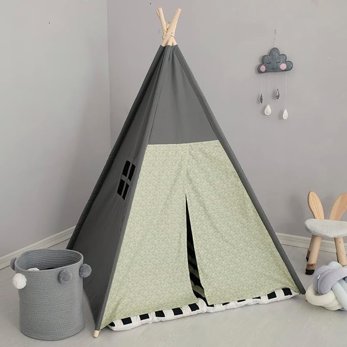TreeBud Teepee Tent for Kids Stripe Padded Mat Foldable Dark Tone Grey Play Tents for Girl and Boy with Carry Case Wooden Pole Printing Canvas Tepee Playhouse for Child Indoor Outdoor