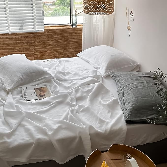 Simple&Opulence Washed Linen Bed Sheet Set Basic Style 4 Pieces (1 Flat Sheet & 1 Fitted Sheet & 2 Pillowcases) 100% Natural French Flax Soft Breathable Farmhouse Bedding (Queen, White)