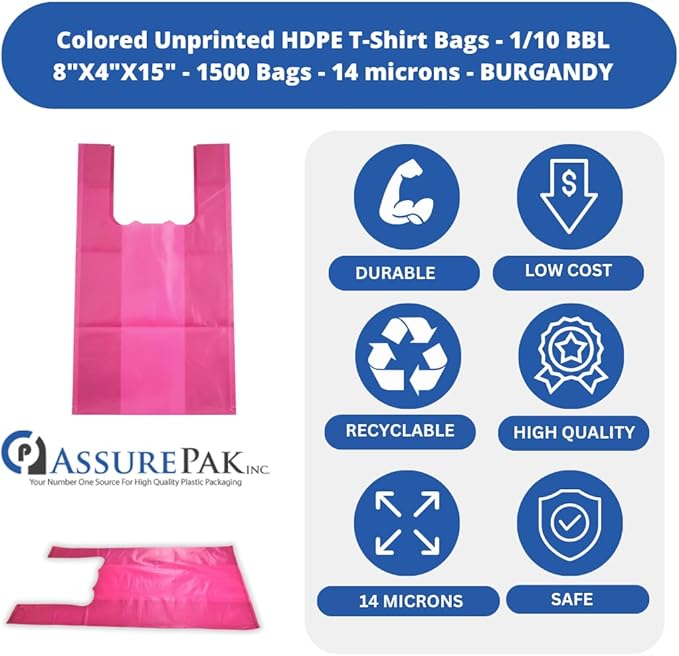 Burgandy Colored Unprinted Plastic T-Shirt Bags - 1/10 BBL 8"X4"X15" - 1500 Bags - 14 microns - Perfect for Groceries, Shopping, Boutique Bags, Party Decorations and Retail Stores