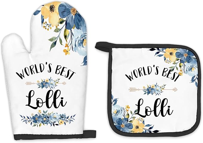 Lolli Gifts Oven Mitts and Pot Holders Sets, Gifts for Lolli from Grandkids Kitchen Decor Accessories Sets, World’s BestLolli Heat Resistant Oven Glove Potholders for Kitchen Cooking Baking BBQ