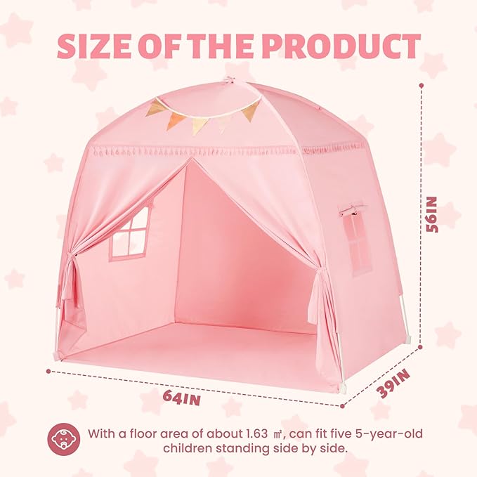 Sumbababy Large Teepee Tent for Kids: with Star Lights - Tent for Toddler Indoor Kids Teepee Tent for Boys & Girls - Toddler Play Tent Inside Canopy Bed for Playroom Gift Toys (Pink)