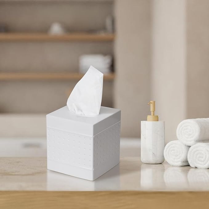 DSNMYO Industrial Style Tissue Box Cover with Bamboo Lid, Tissue Holder, Square Box Covers,for bedrooms, Offices, bathrooms, Living Rooms etc.(White)