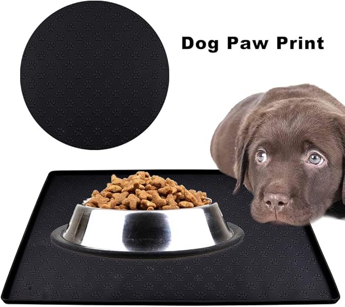 Dog Food Mat, Silicone Dog Cat Bowl Mat, Non Slip Pet Feeding Mat Waterproof Dog Placemat for Small Animals (18.5"x11.8", Black Paw Pattern)