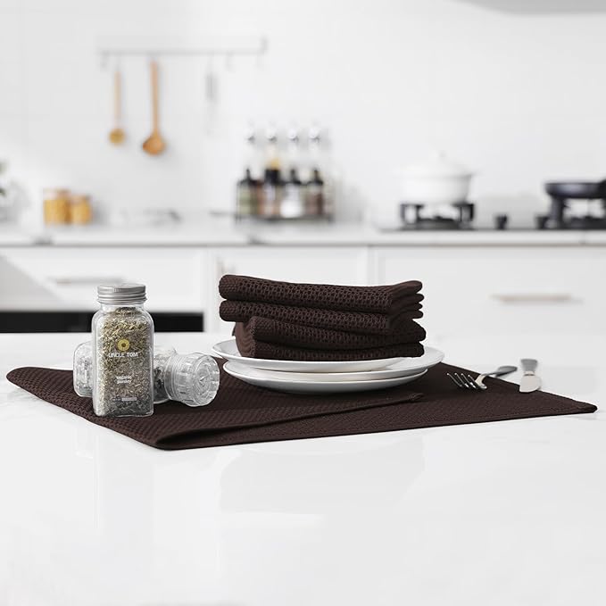 Kitinjoy 100% Cotton Waffle Weave Kitchen Towels, 12-Pack Super Soft and Absorbent Dish Towels for Drying Dishes, Kitchen Hand Towels, 13 in x 28 in, Dark Brown