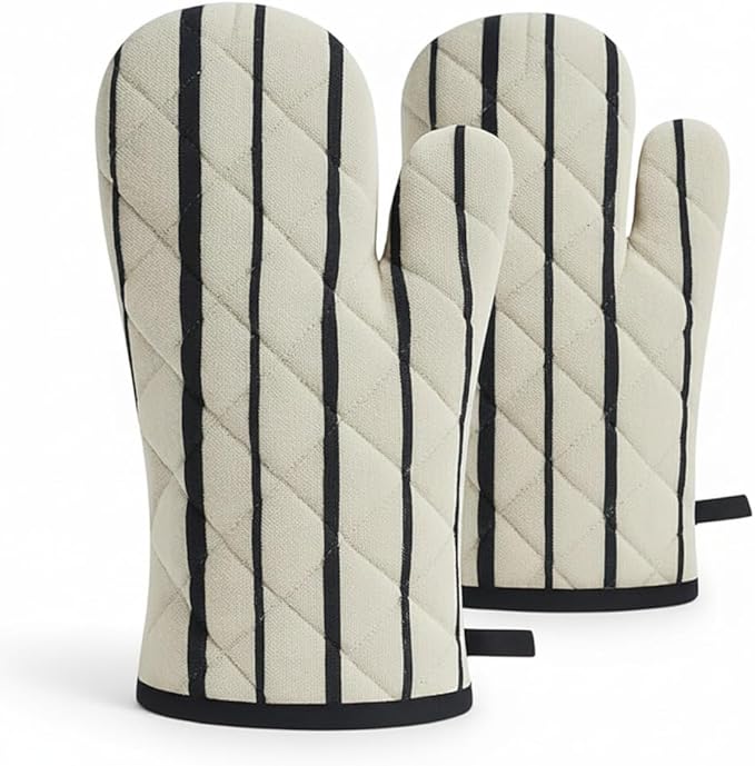 Oven Mitts (Set of 2) | Heat Resistant Oven Gloves Kitchen,Safe for Baking, BBQ, Grilling | Cooking Gloves | Soft & Durable | Machine Washable (Black Stripe Print)