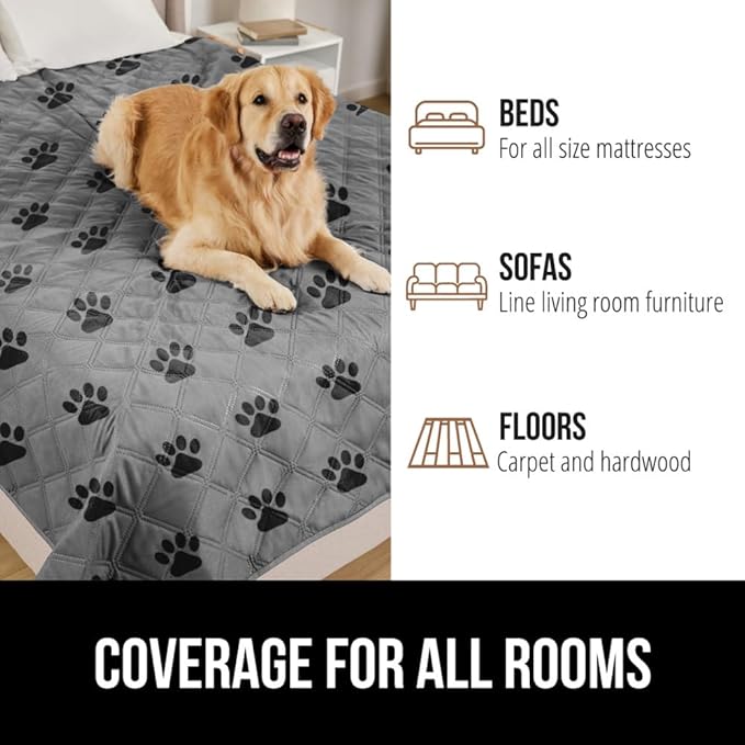GORILLA GRIP Waterproof Bed Cover for Dogs, 82x52, Gripped Slip Resistant Backing, Leak Proof Washable Dog Blanket Covers Sofa, Couch, Sectional, Crate, Car, RV Seats, Pet Puppy Essentials, Gray Paw