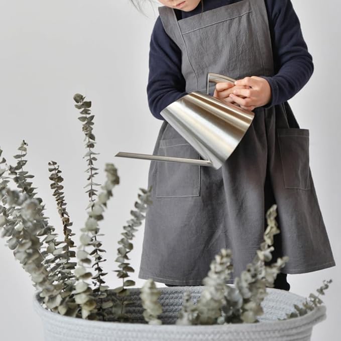 OBEEII Kids Aprons for Cooking Cotton Linen Children Baking Kitchen Gardening Painting Apron Pinafore Dress with Pockets