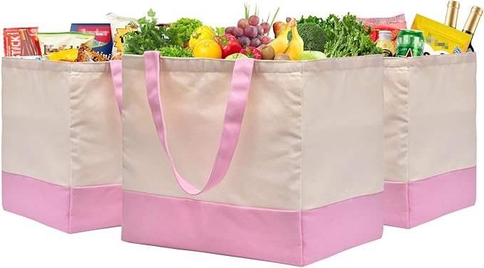 CNaiyunpin 3 Pack Canvas Reusable Grocery Bags Heavy Duty, 8.3 gal Foldable Large Tote Bag with Handles, Holds 60 lbs Canvas Shopping Bags & Washable Eco-friendly Bags with 5 Pockets, Pink+Off white