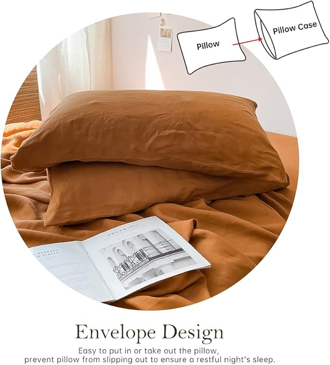 Simple&Opulence Washed Linen Bed Sheet Set Basic Style 4 Pieces (1 Flat Sheet & 1 Fitted Sheet & 2 Pillowcases) 100% Natural French Flax Soft Breathable Farmhouse Bedding (King, Rust)