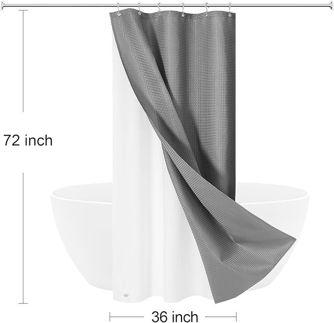 Craidlela 3 in 1 Stall Half Size Shower Curtain Set-36 W x 72 H, Grey Waffle Waterproof Fabric and PEVA Liner Set with Stainless Steel Hooks