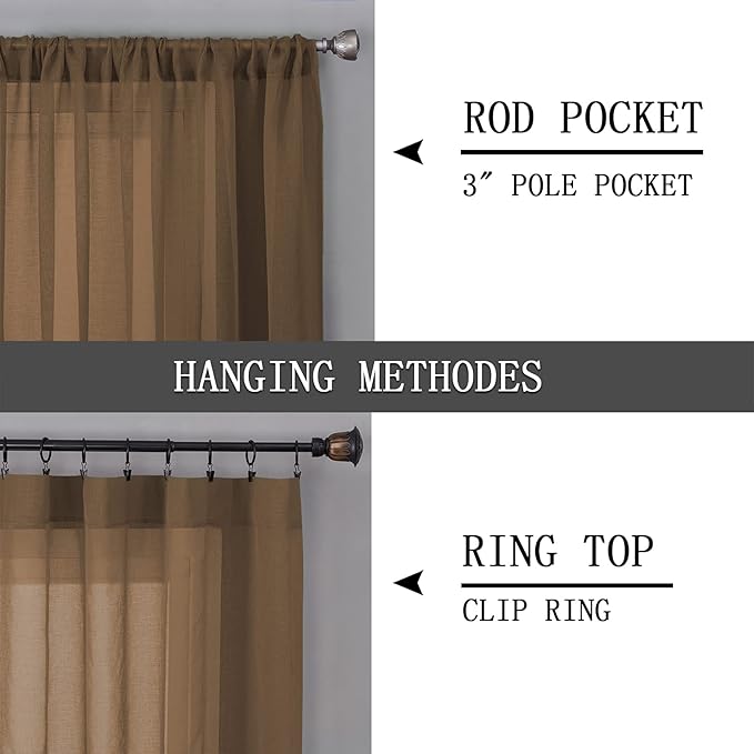 Tollpiz Sheer Tier Curtain Linen Textured Half Kitchen Curtains Sheer Light Filtering Rod Pocket Voile Small Curtains for Bathroom, 25 x 36 inches Long, Brown, Set of 2 Panels