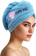 AGKXHDEC Double Layer Microfiber Towel, Hair Turbans for Wet Hair, Drying Hair Wrap for Women(The Color of The Picture is for Reference only) (Dark Blue with Cute Pig)