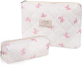 Gosect 2PC Makeup Bag Set, Cute Cosmetic Bag for Women Girls, Floral Coquette Aesthetic Toiletry Bag, Travel Make Up Organizer Bag (White Pink Butterfly Flower)