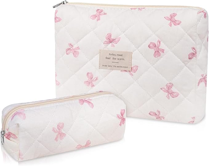 Gosect 2PC Makeup Bag Set, Cute Cosmetic Bag for Women Girls, Floral Coquette Aesthetic Toiletry Bag, Travel Make Up Organizer Bag (White Pink Butterfly Flower)