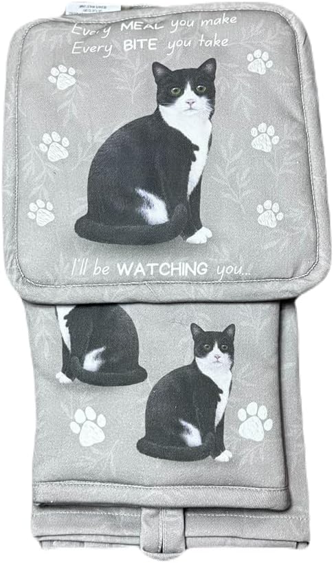 Black and White Cat 3-Piece Kitchen Set - Oven Mitt, Pot Holder & Kitchen Towel Set, Heat Resistant up to 420 F, Soft Quilted Cotton for Cooking, Baking, BBQ, Pet Lover Gifts (Black and White Cat)